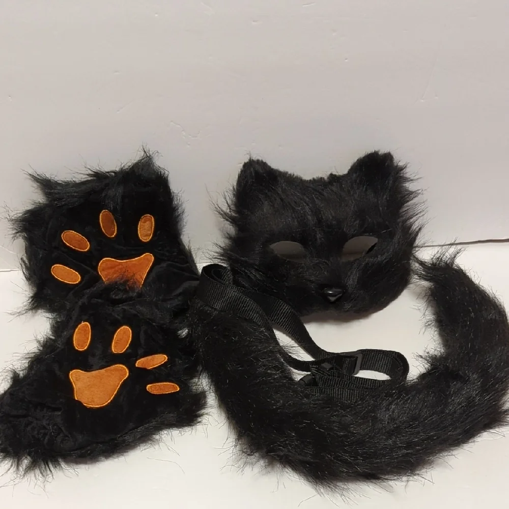 Furry Black Cat Costume with Mask,Tail and Fingerless Faux Fur Paw Gloves